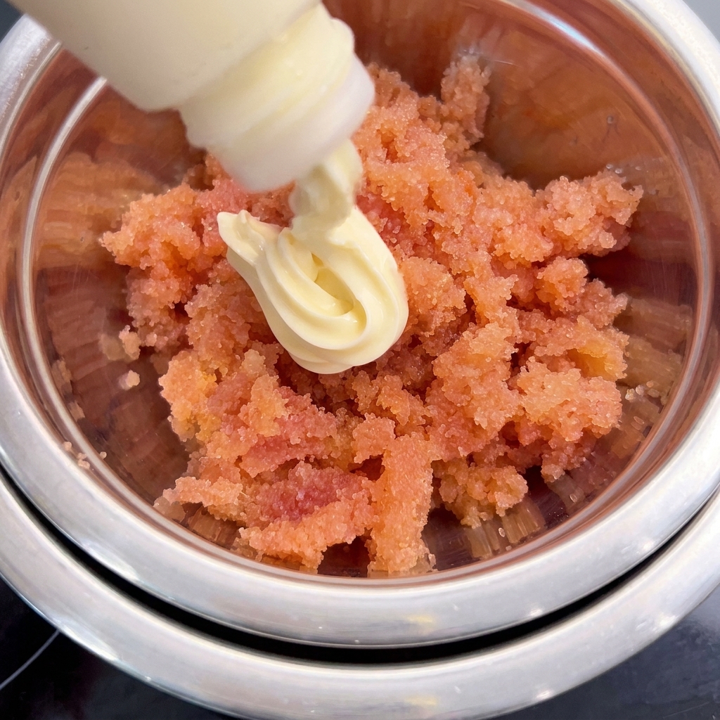 Squeezing creamy Japanese mayonnaise from a bottle onto bright pink Mentaiko roe inside a metal mixing bowl.