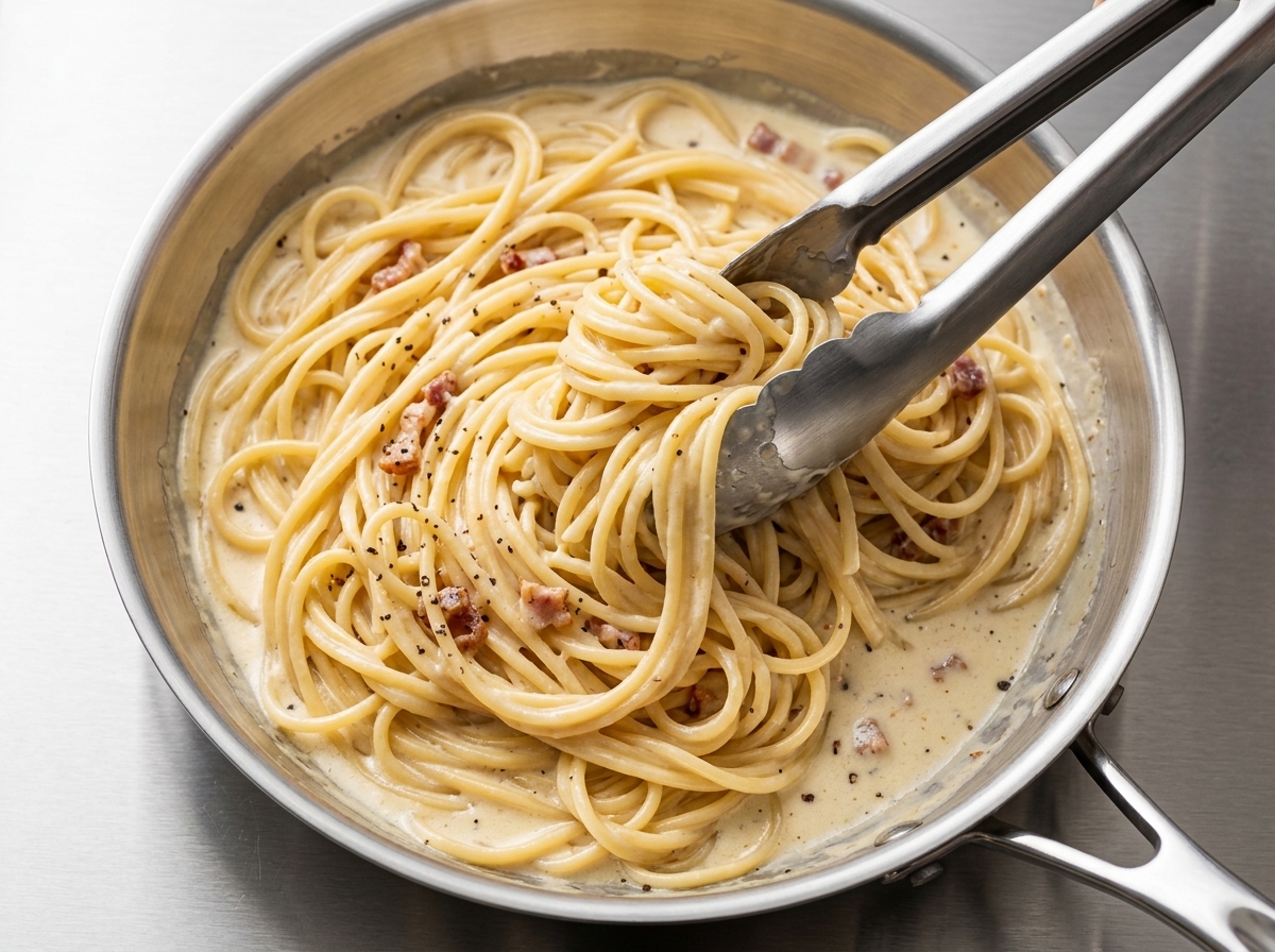 Pouring a splash of cloudy pasta water into a pan containing creamy spaghetti to adjust the sauce texture.