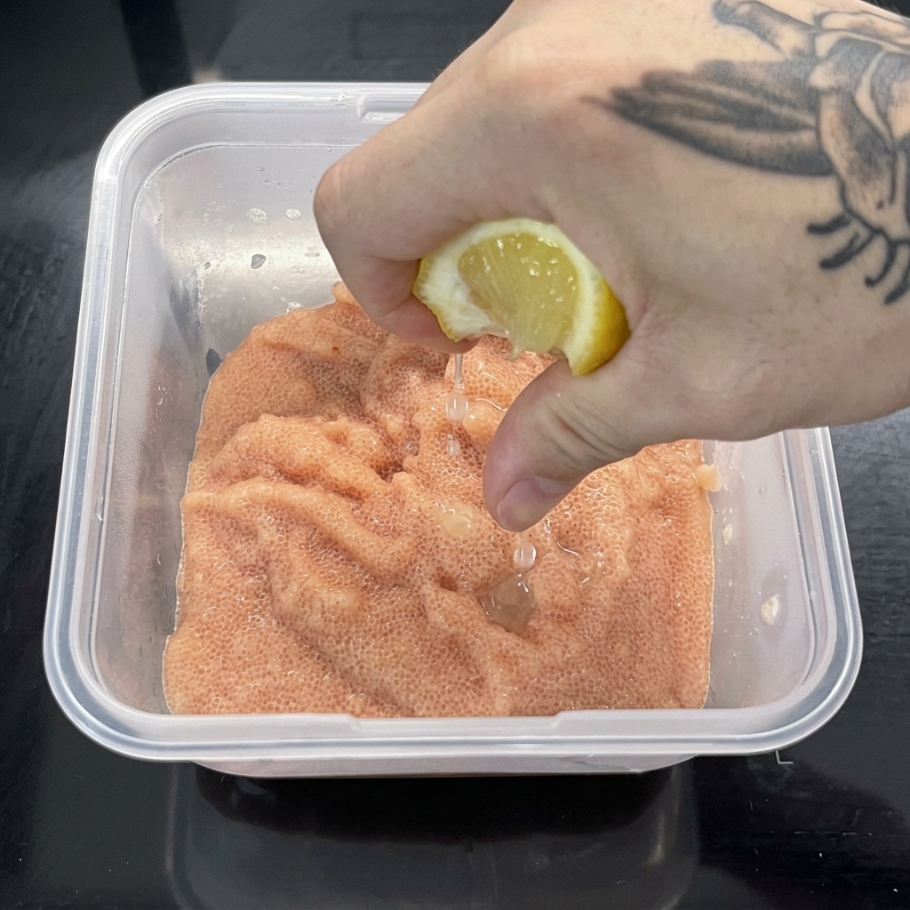 A bowl containing Mentaiko roe being mixed with lemon juice, cream, and seasonings.