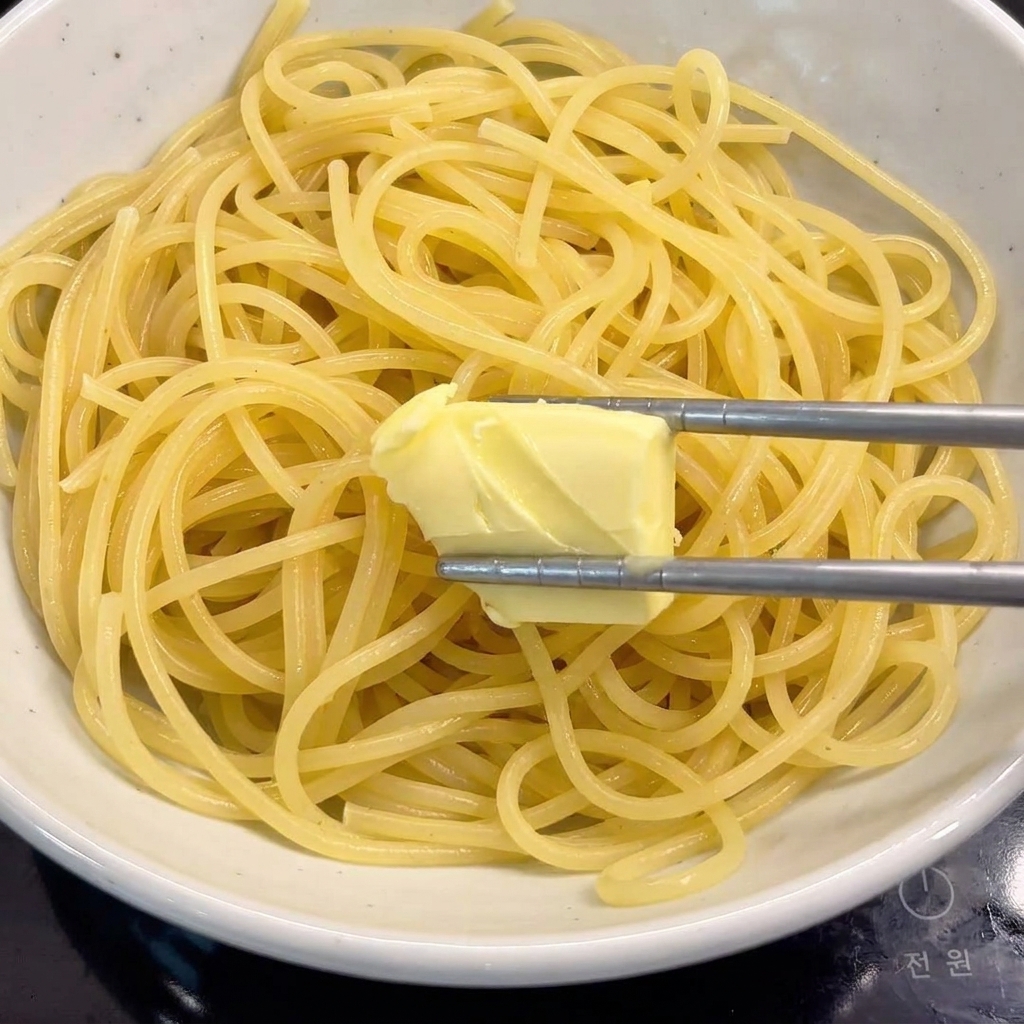 A knob of butter melting into a bowl of hot, freshly cooked spaghetti.