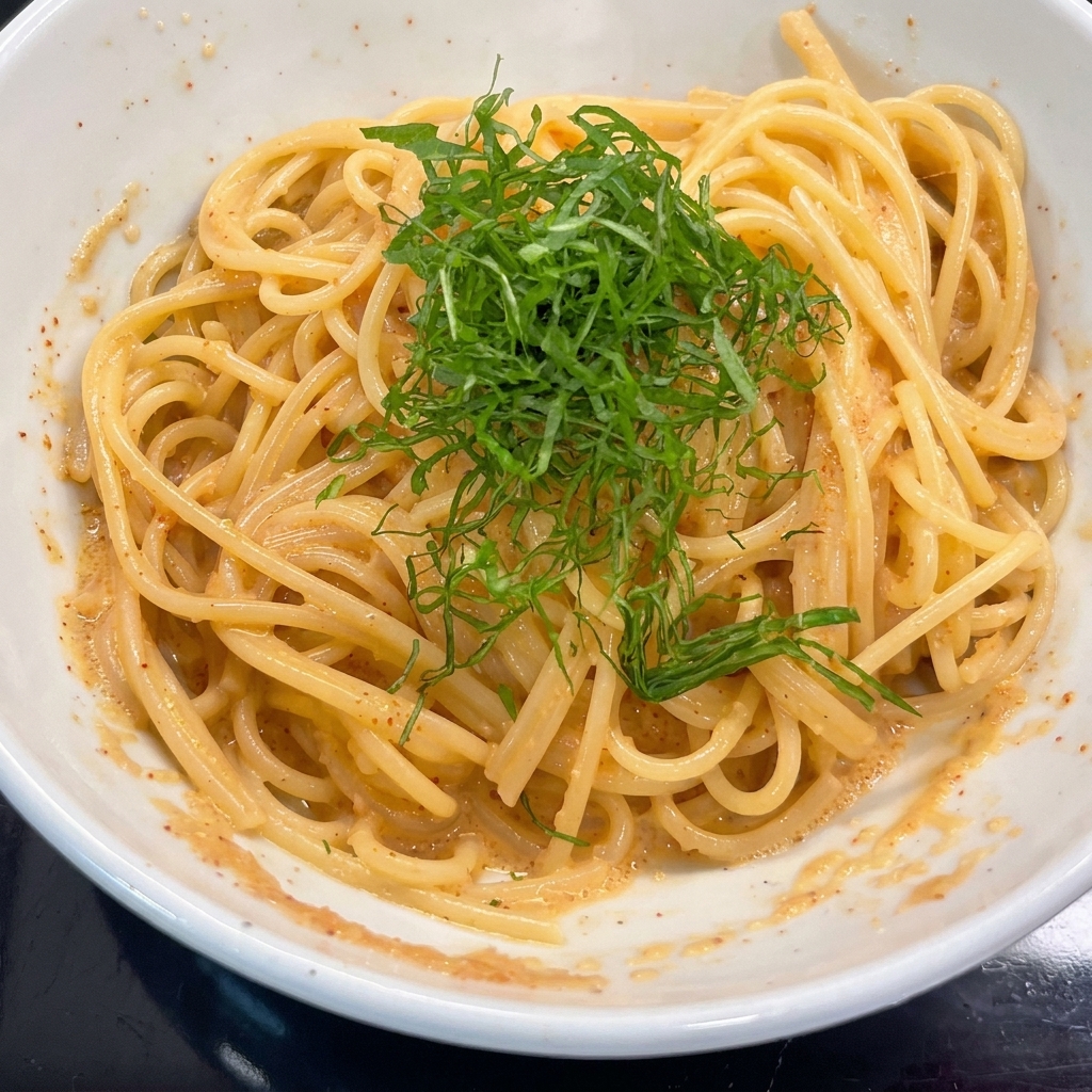 Shredded green shiso leaves being scattered over the top of the Mentaiko spaghetti.