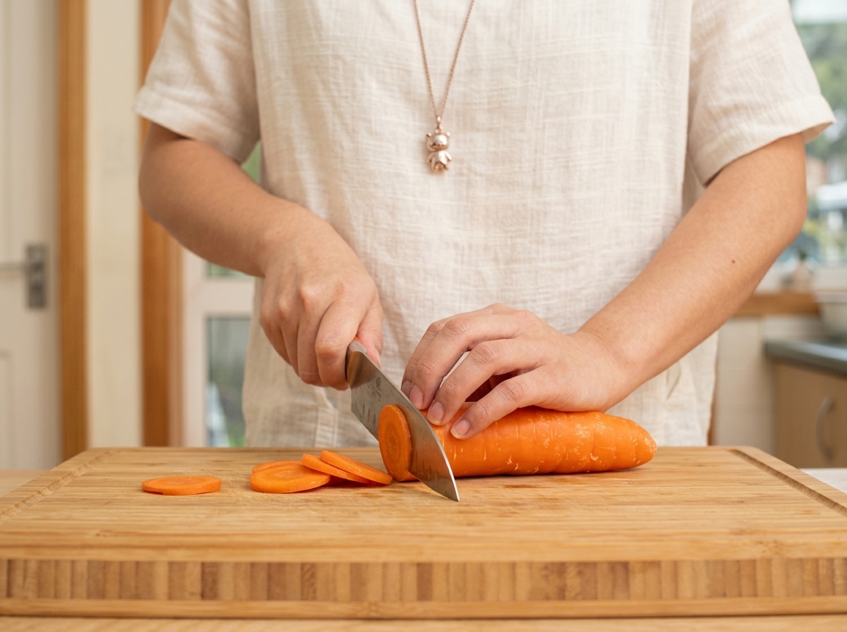 Carrot slices carved into decorative flower shapes on a cutting board.