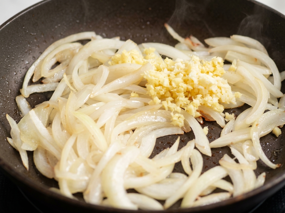 A pile of finely minced ginger and garlic sitting on top of sautéed onion strips in a pan.