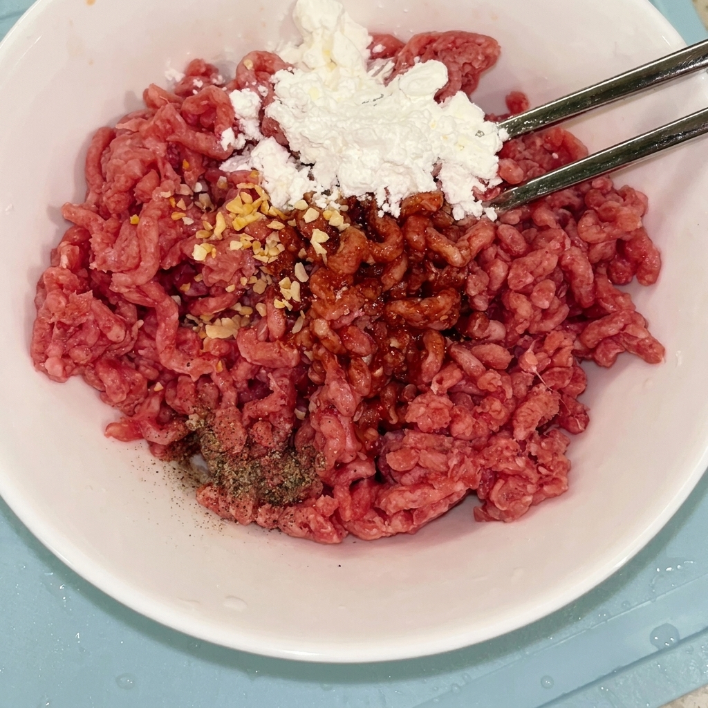 Minced beef in a white bowl mixed with seasonings and starch using chopsticks.