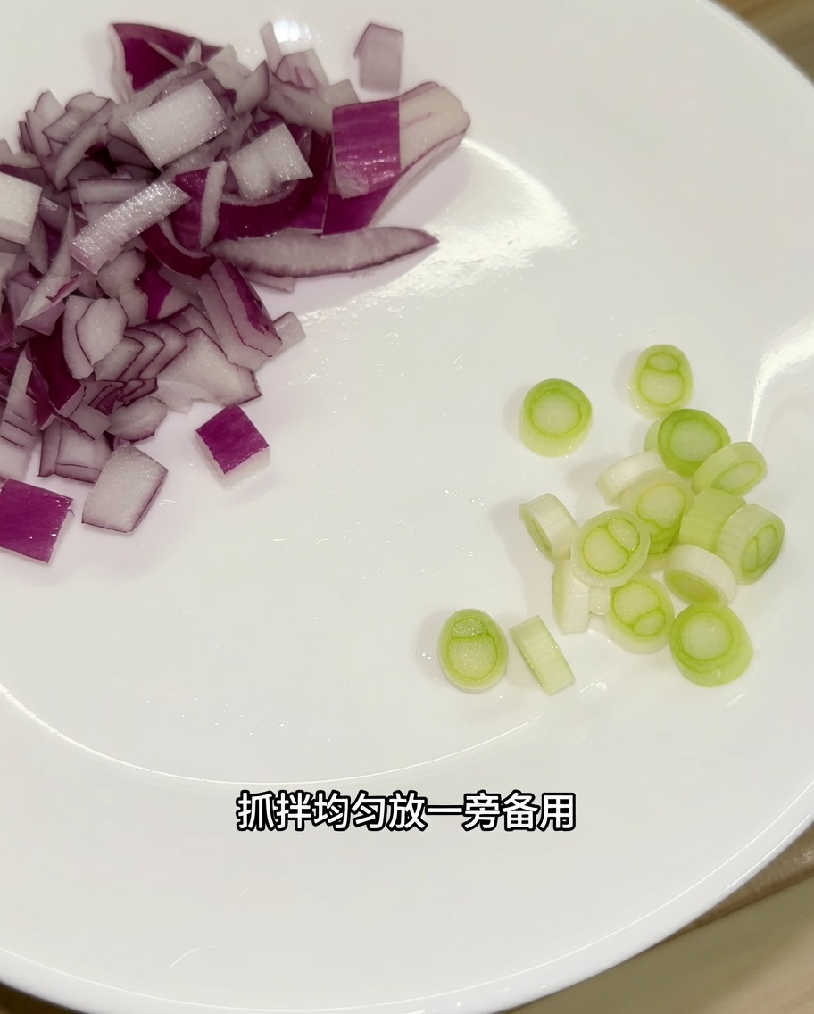 Chopped red onion and sliced white parts of green onion arranged on a white plate.