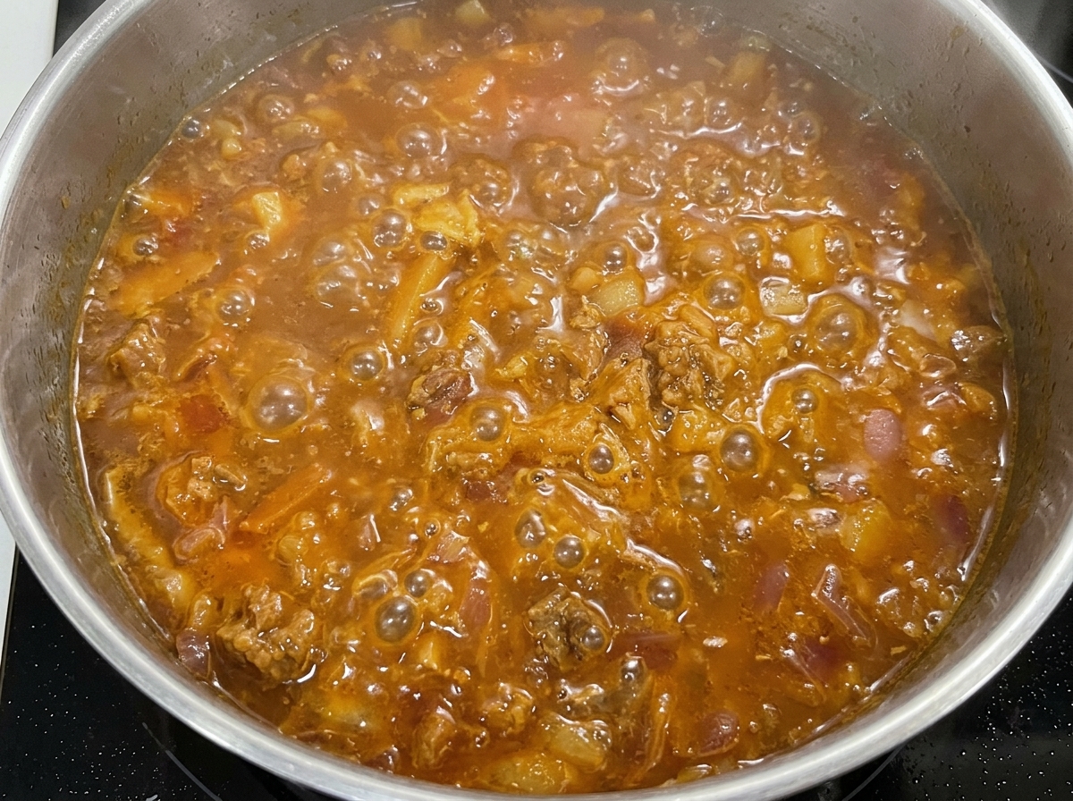 A close-up of a pan containing a rich, bubbling onion beef mixture, with freshly sprinkled green onion slices on top.