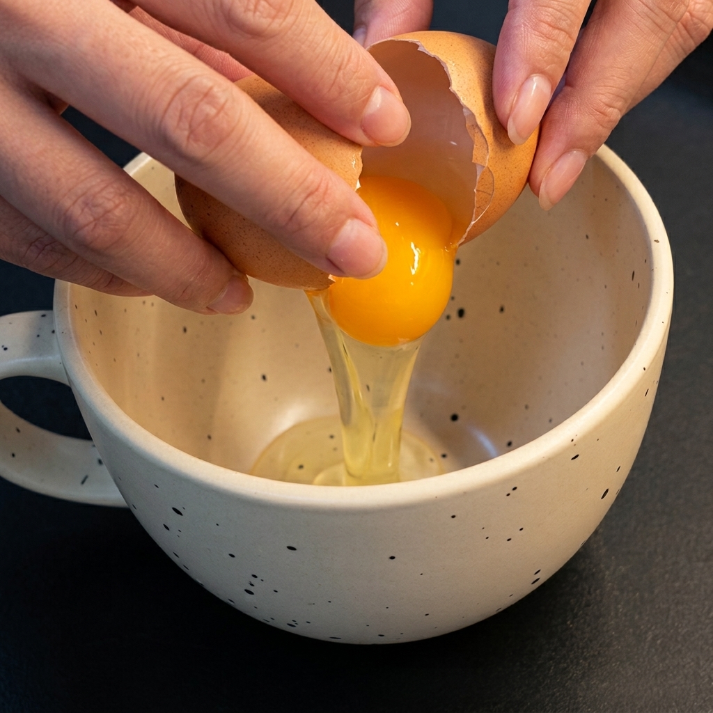 Two eggs in a speckled bowl being whisked together with a pair of chopsticks.