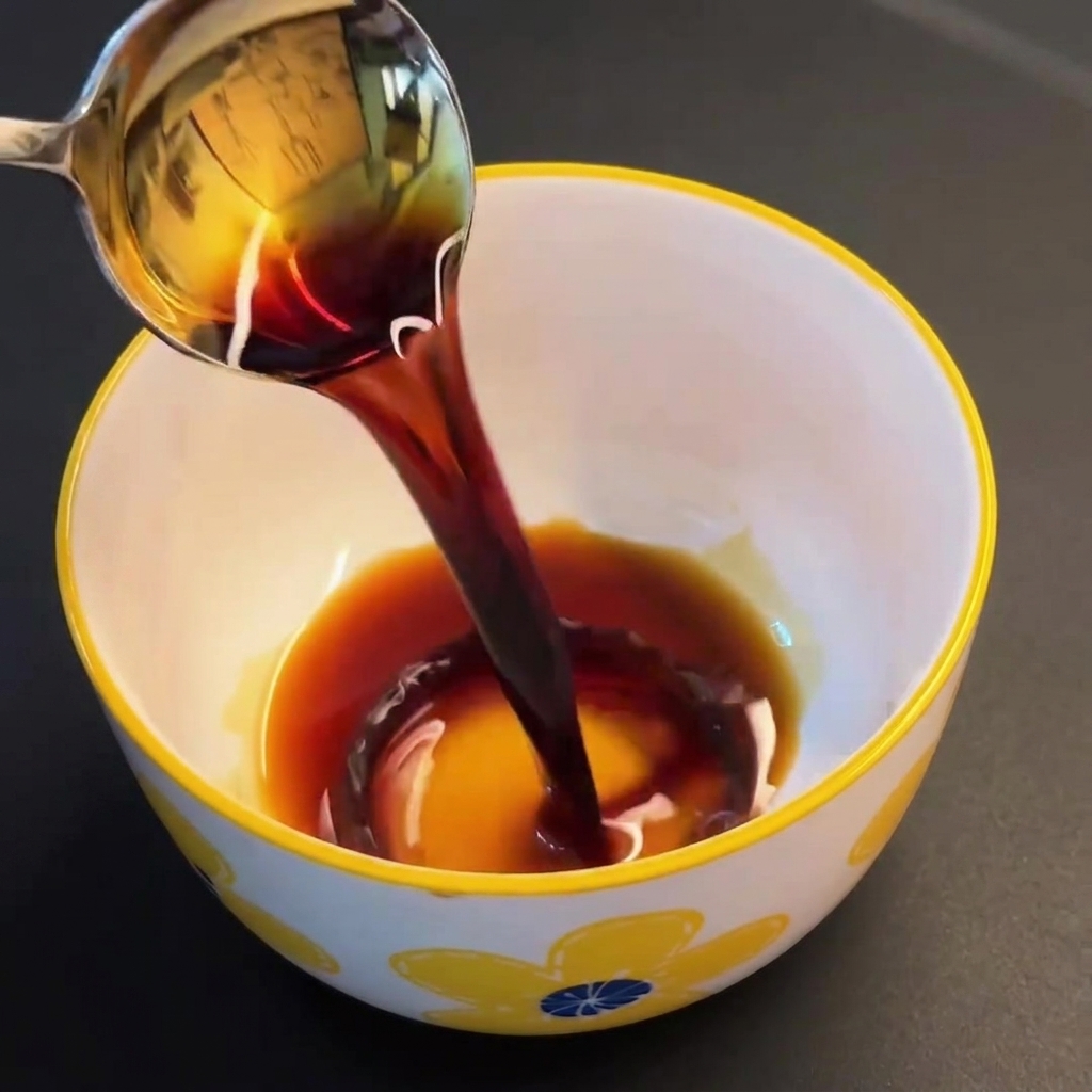 Soy sauce, oyster sauce, and other seasonings being stirred together in a bowl to create a uniform sauce.