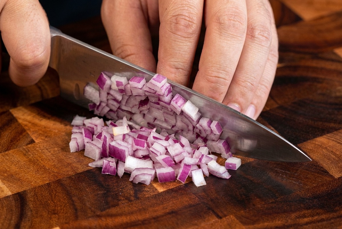 Freshly diced red onion pieces on a wooden cutting board.