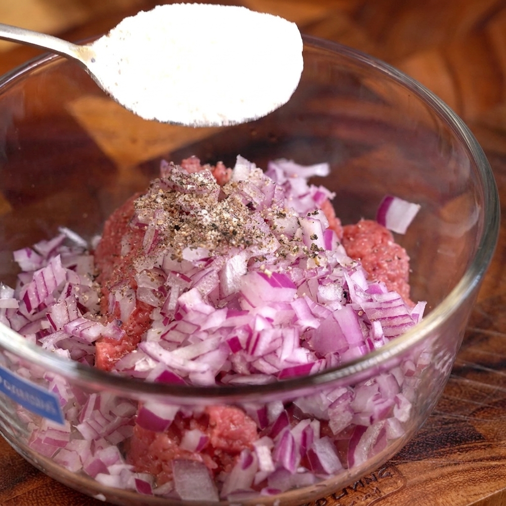 A bowl containing minced beef, diced onion, an egg, and seasonings being prepared for mixing.
