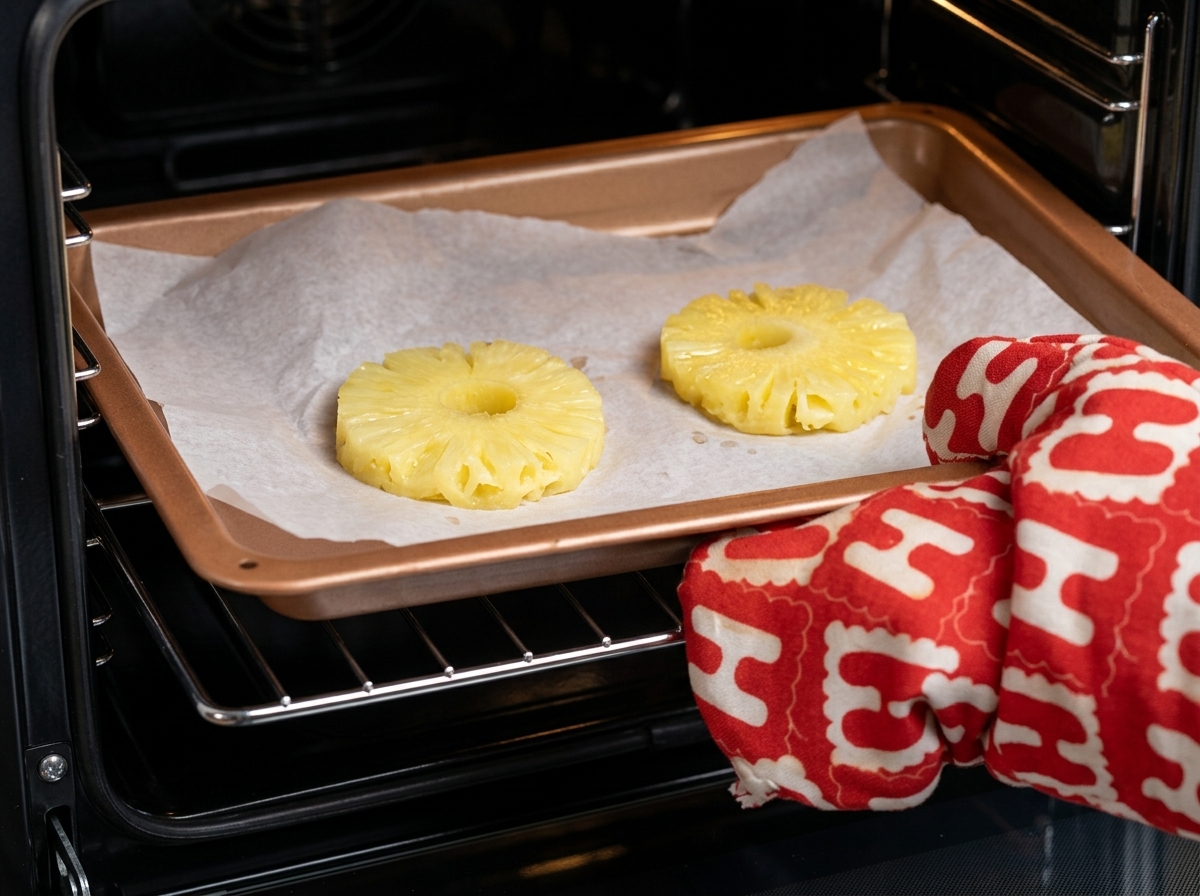 Fresh yellow pineapple slices arranged on a parchment-lined baking tray.