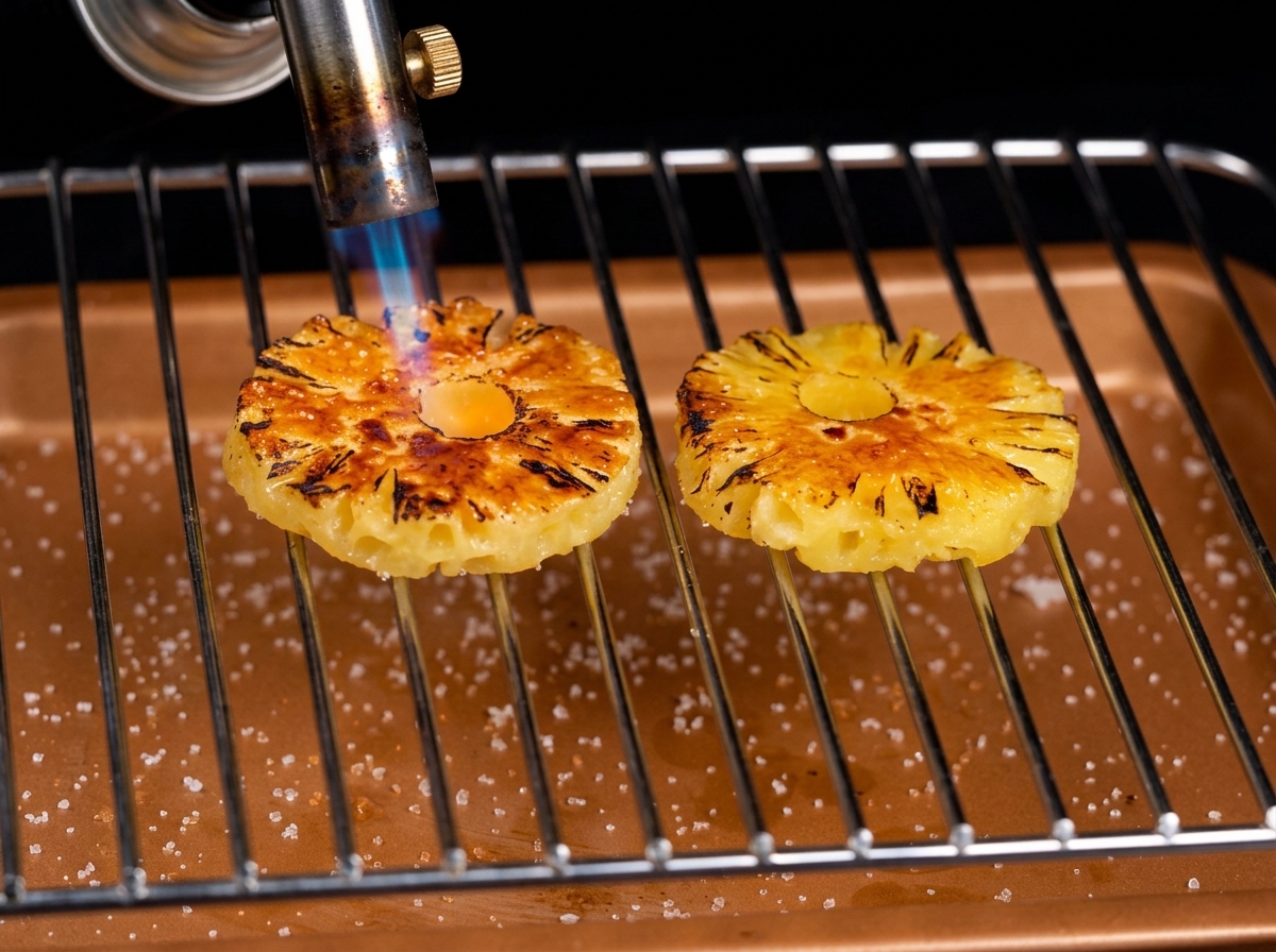 Pineapple slices on a wire rack with golden-brown caramelized sugar surfaces, being torched.