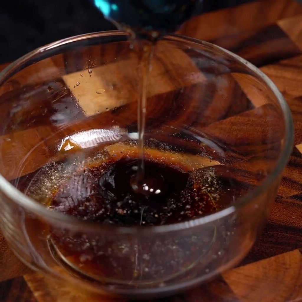 A close-up of a dark, soy-based sauce mixture being stirred with a spoon in a clear glass bowl, featuring visible sesame seeds.