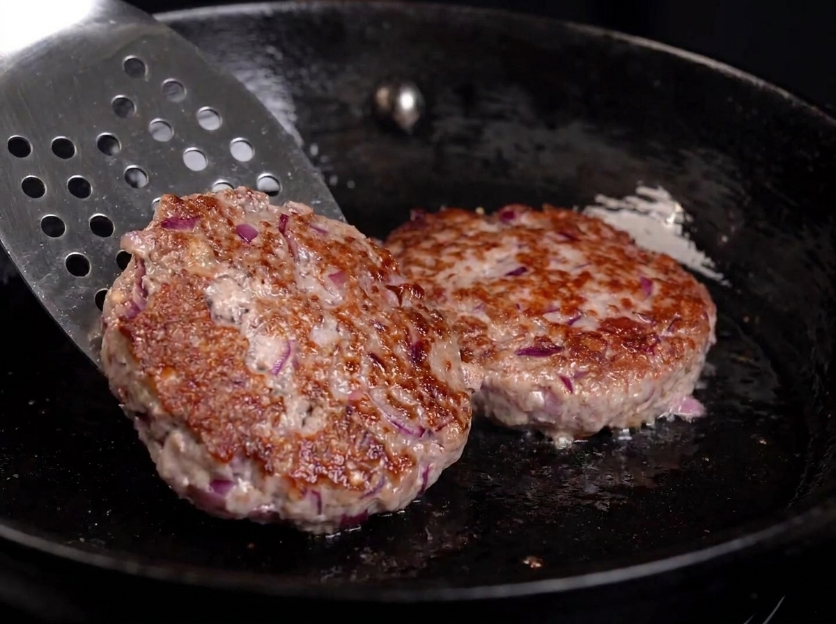 A metal spatula flipping a beef patty in a skillet, revealing a deep brown, seared crust on the cooked side.