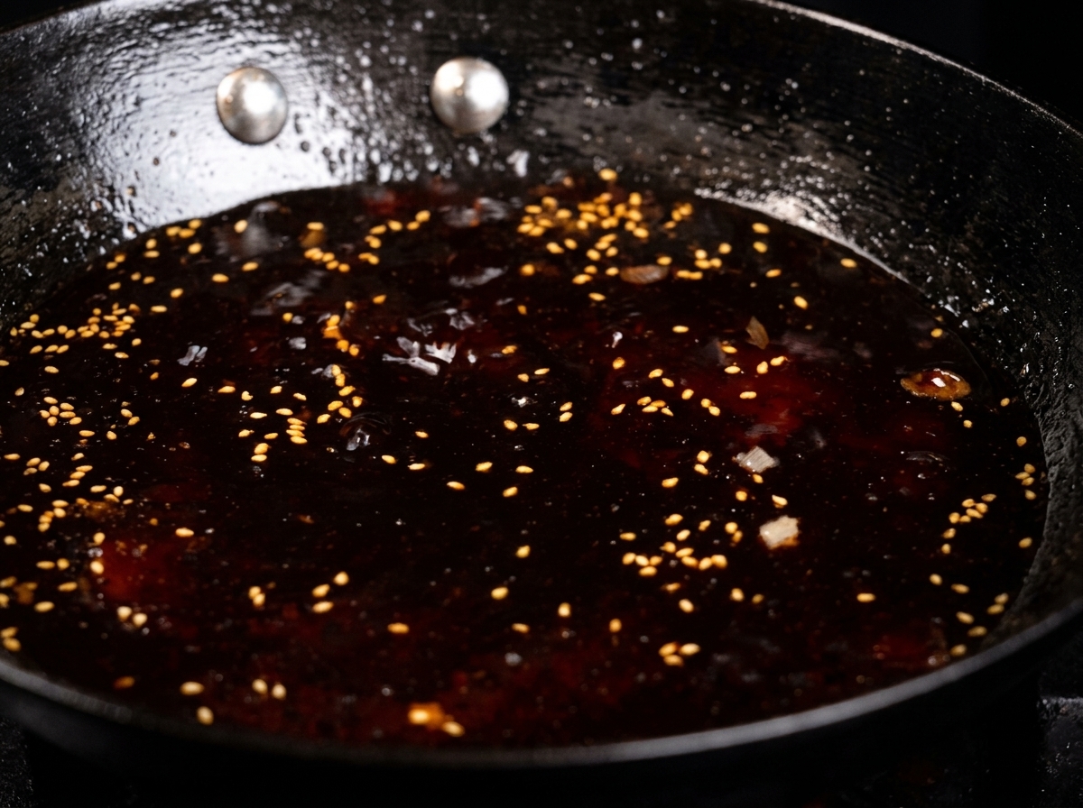A dark, thickened meat sauce bubbling in a skillet, appearing glossy and sticky.