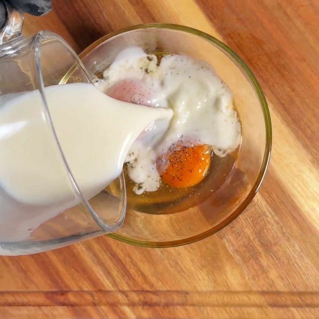 Milk being poured into a bowl containing cracked eggs and seasoning.