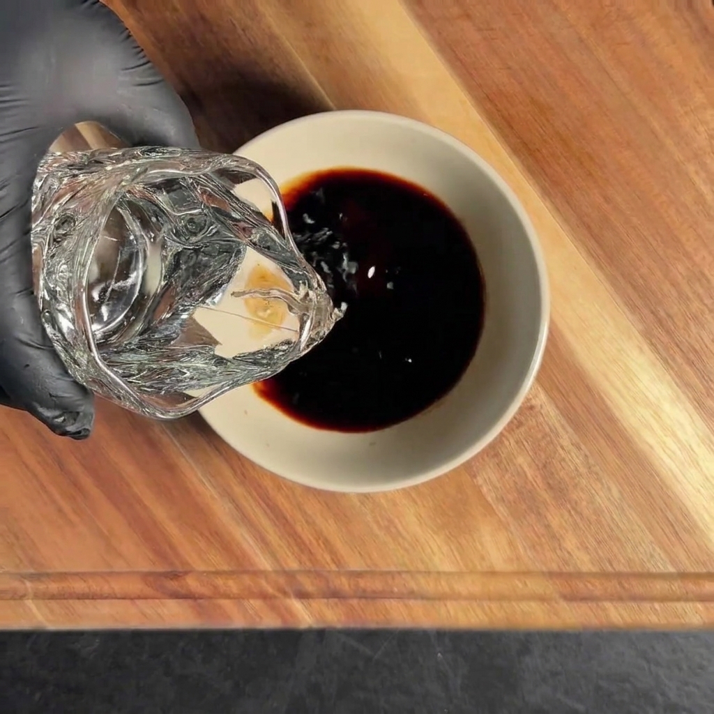 Sauce ingredients being mixed in a bowl, creating a smooth dark glaze.