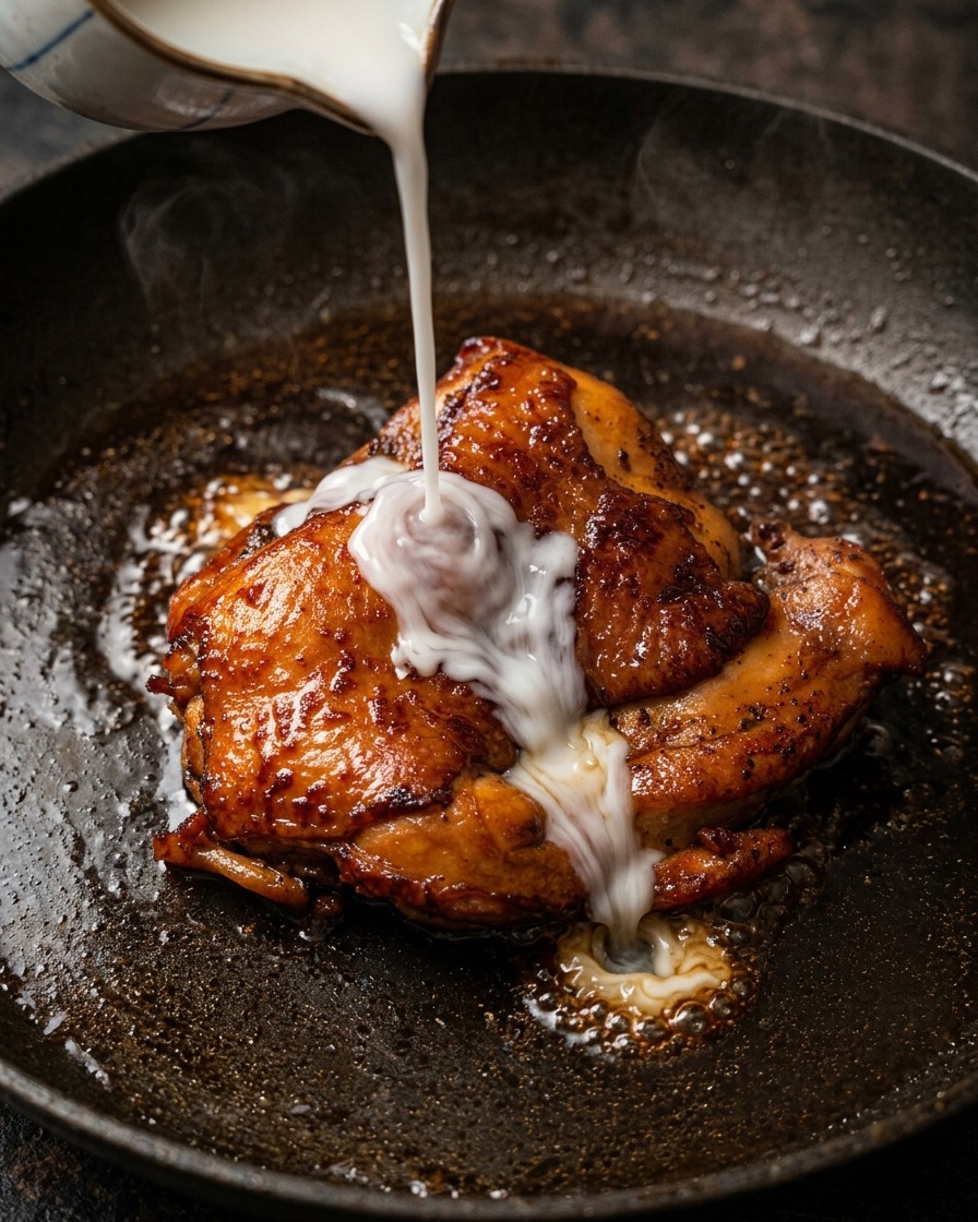 A thin white starch slurry being poured into a pan with simmering dark brown sauce and a cooked chicken leg.