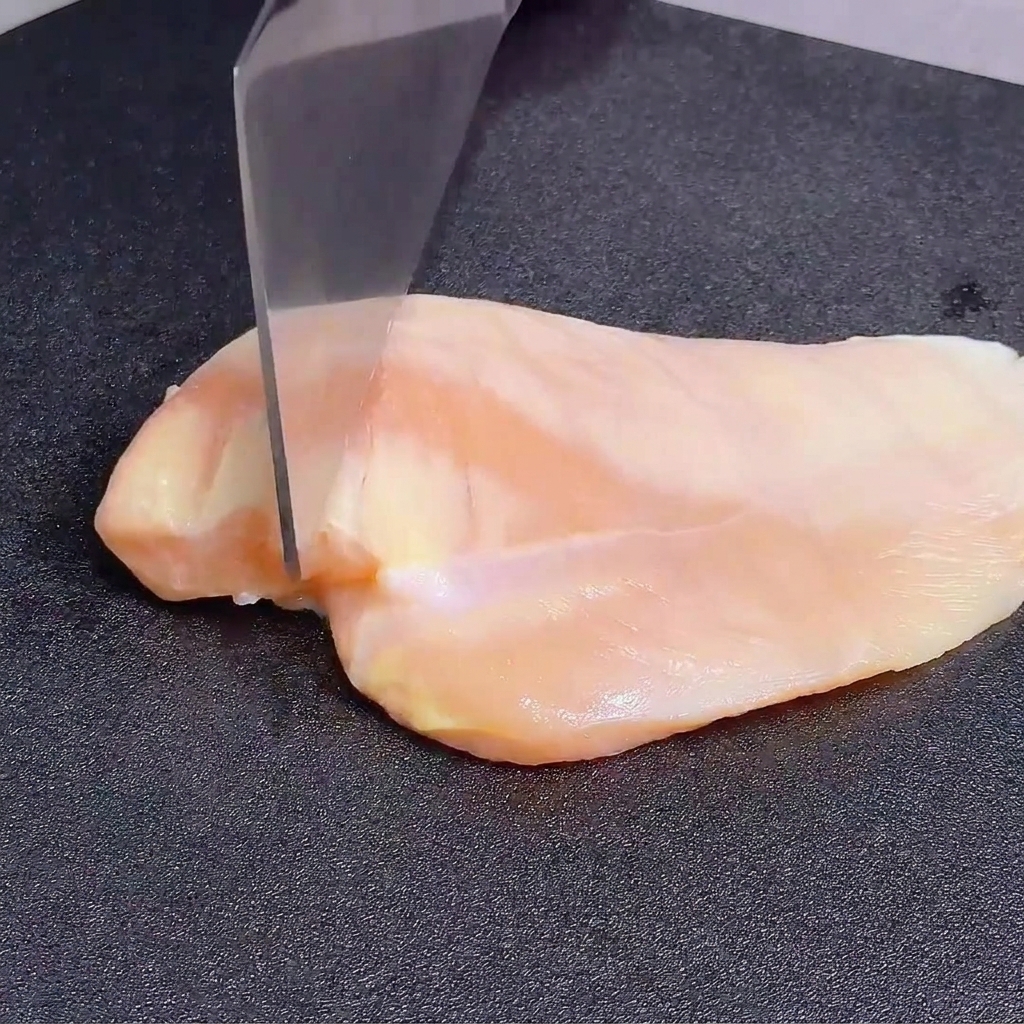Pounding a raw chicken breast with the dull back edge of a large knife on a dark cutting board.