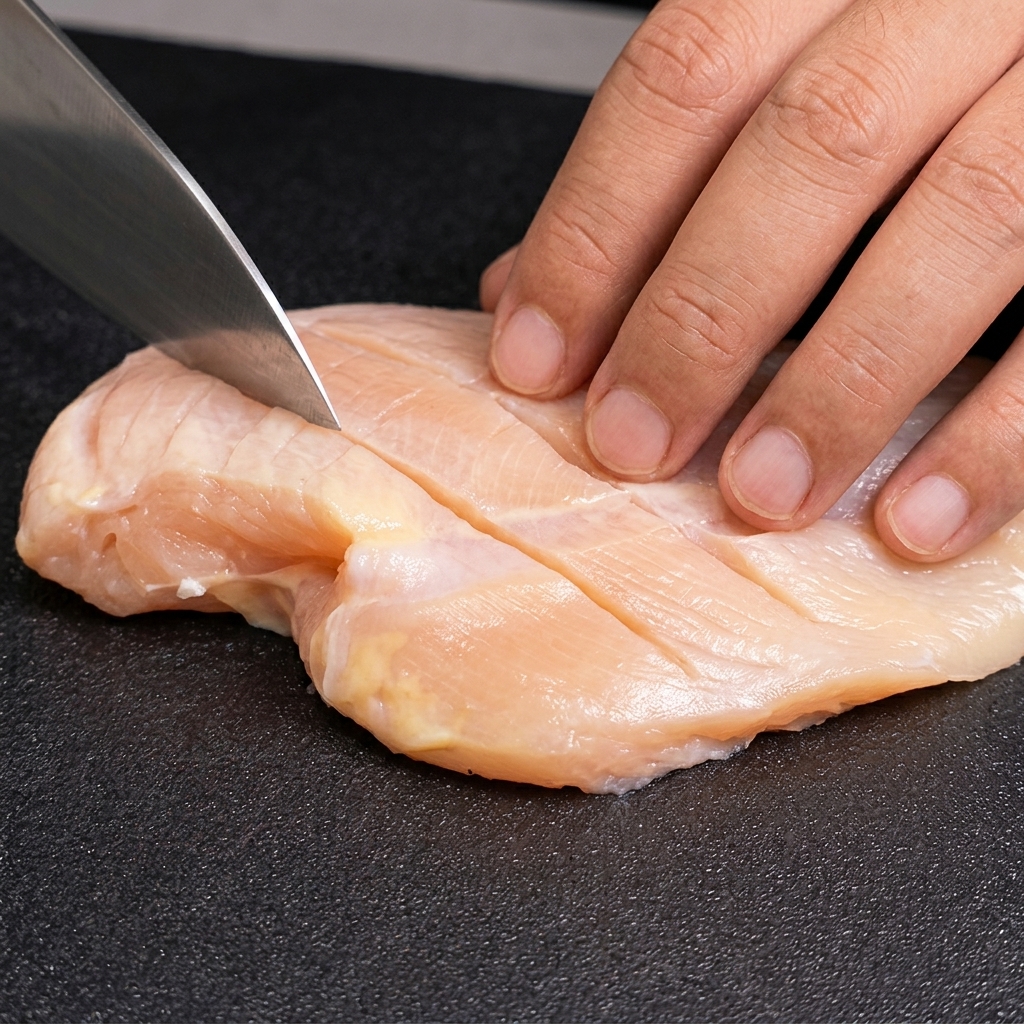 A person scoring a raw chicken breast in a criss-cross pattern with a sharp knife on a cutting board.