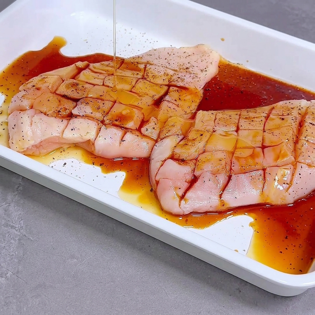 Pouring a dark liquid marinade over scored raw chicken breasts in a white tray.