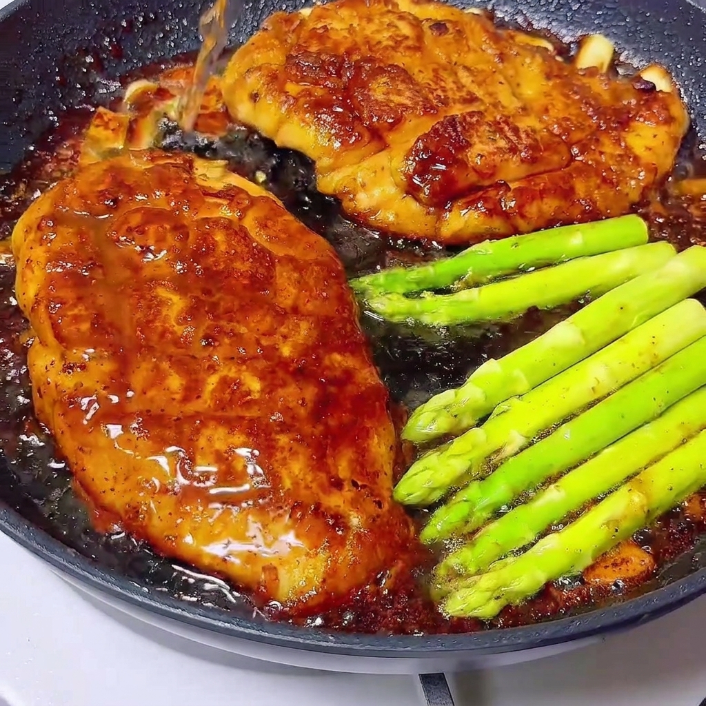 Pouring white wine into a skillet containing glazed chicken breasts and green asparagus.