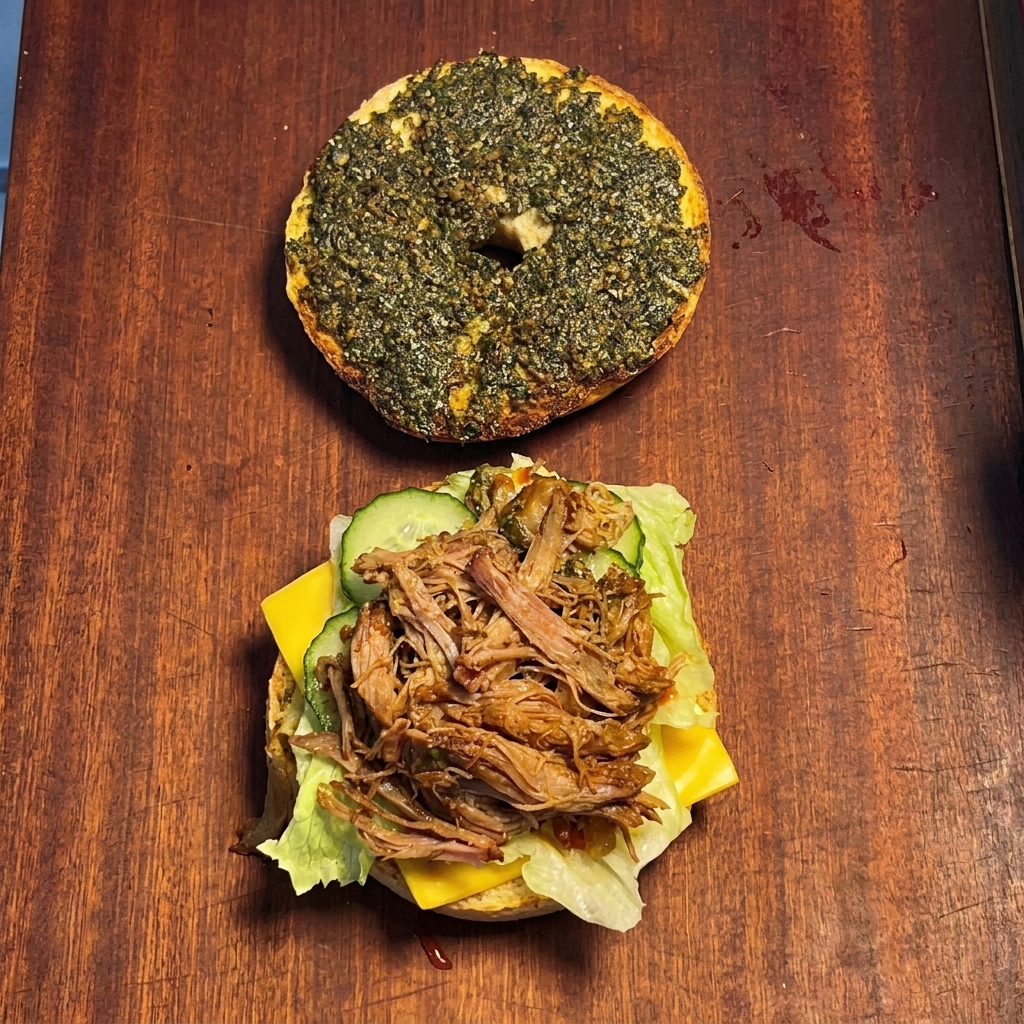 Thin green cucumber slices being precisely placed over the pile of pulled pork using a pair of black chopsticks.