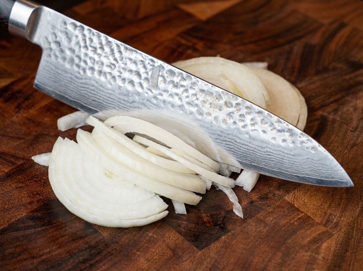 Finely sliced white onion pieces arranged on a wooden cutting board next to a chefs knife.