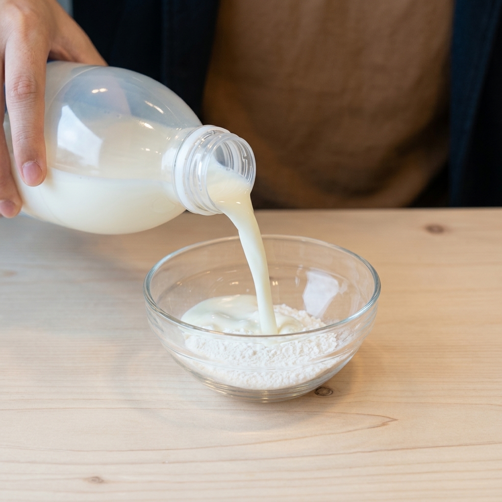 A small glass bowl containing sweet potato flour with milk being poured into it.