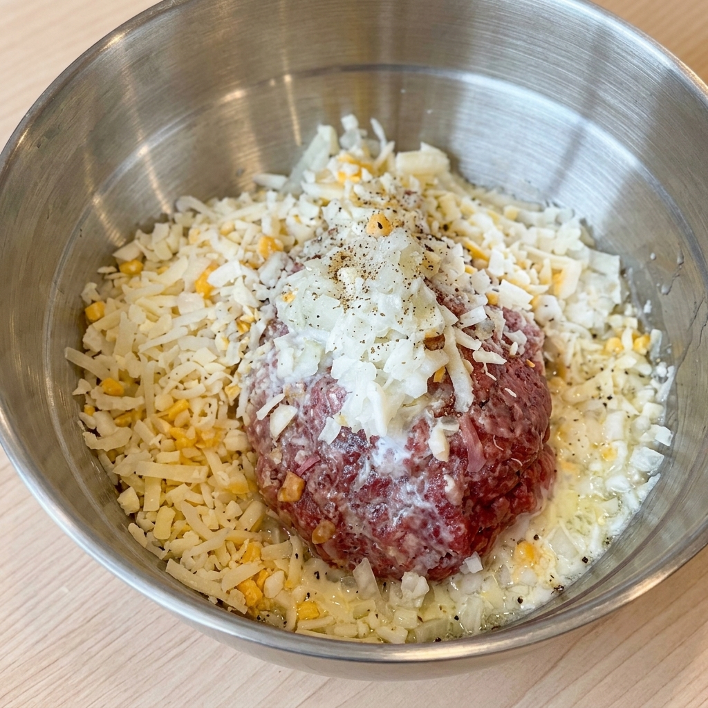 Raw ground beef mixture in a large bowl topped with shredded cheese, onions, and freshly ground black pepper.