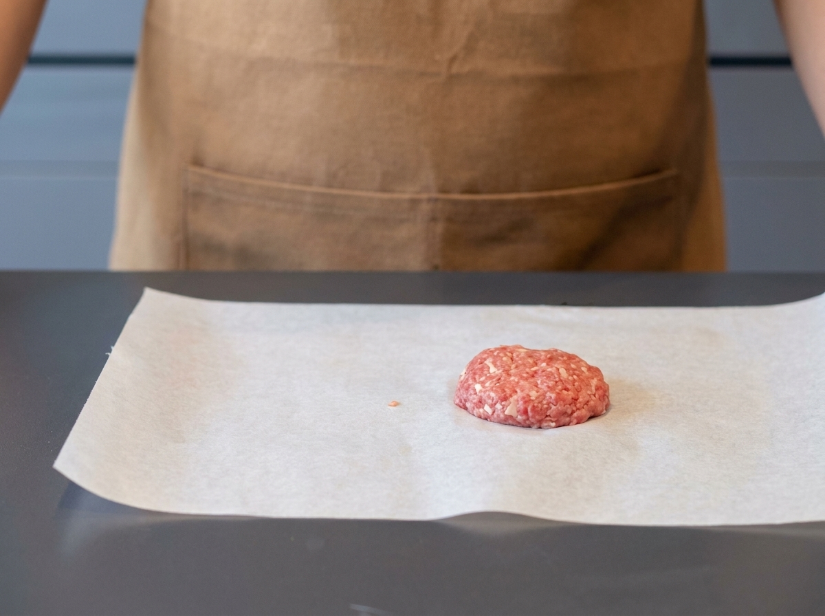 A raw, perfectly shaped round meat patty resting on parchment paper, ready to be cooked.