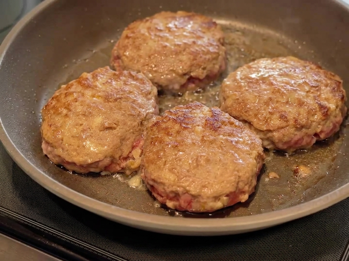A knob of butter melting in a skillet around three browning hamburger patties.