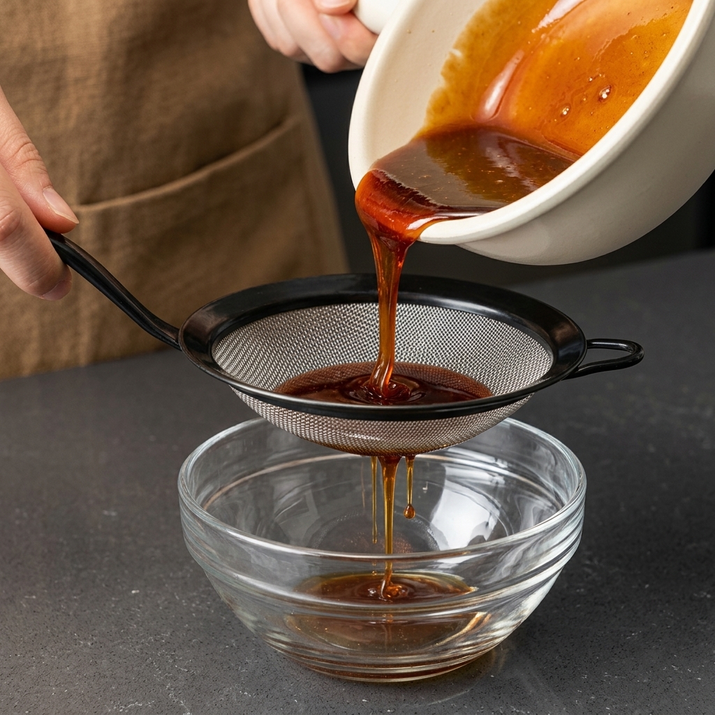 A rich, dark brown sauce being poured through a metal sieve into a clear glass bowl.