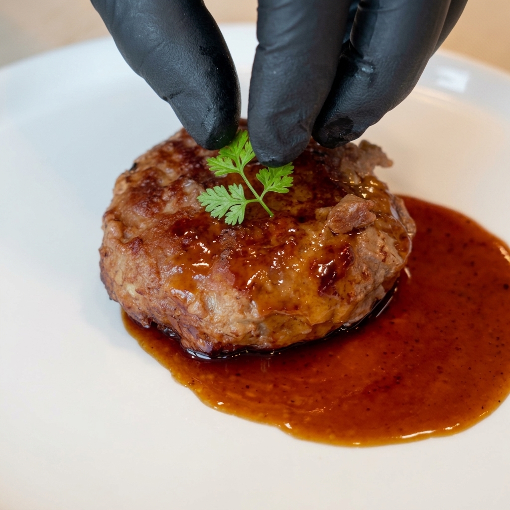 A close-up of a juicy hamburger patty on a white plate, topped with a delicate garnish of fresh, bright green onion shreds.
