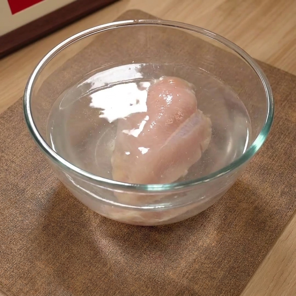 A close-up of a chicken breast submerged in a glass bowl of salt water.