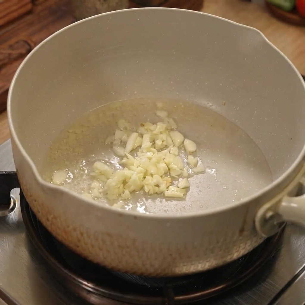 Minced garlic and onions cooking in a pot, glistening with oil.