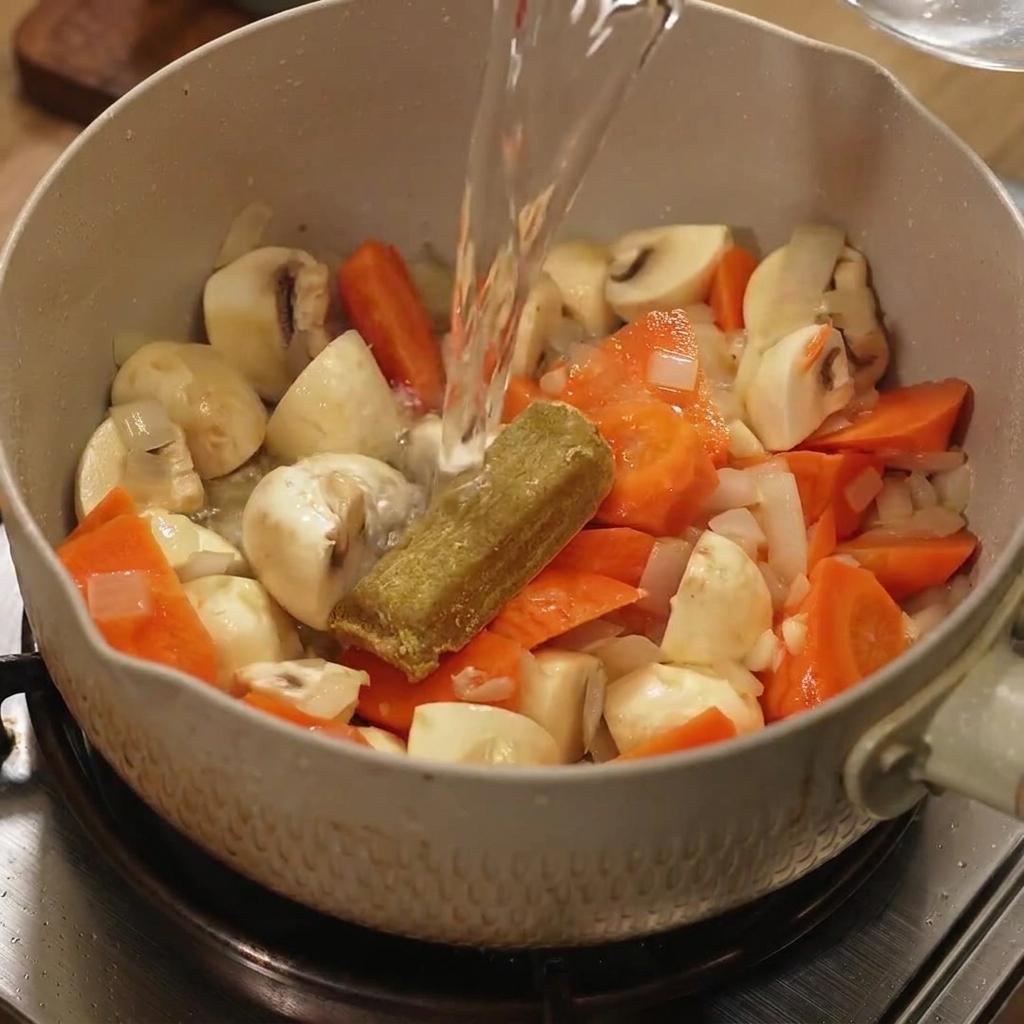 A curry cube sitting in a pot as boiling water is being poured over it.