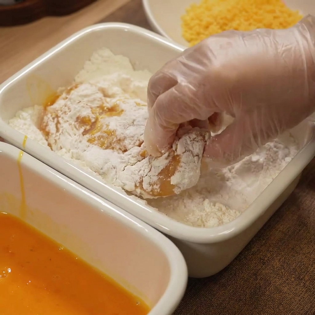 Chicken breast being pressed into a layer of white flour.