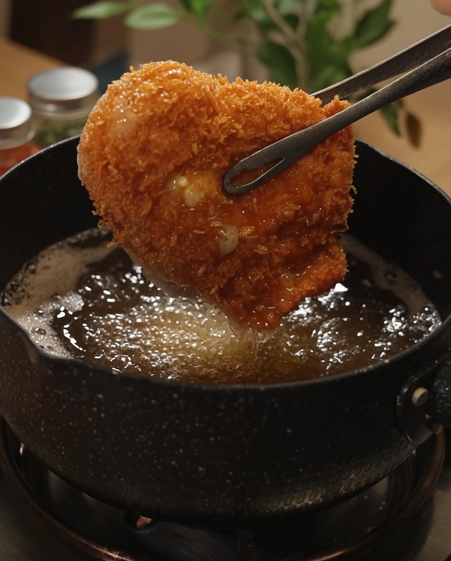 A golden-brown breaded chicken cutlet being lifted out of hot frying oil with metal tongs.