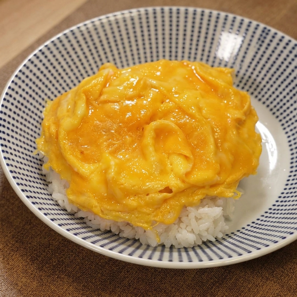 A complete bowl featuring a bed of white rice topped with fluffy scrambled eggs, sliced fried chicken cutlet, and rich curry sauce.