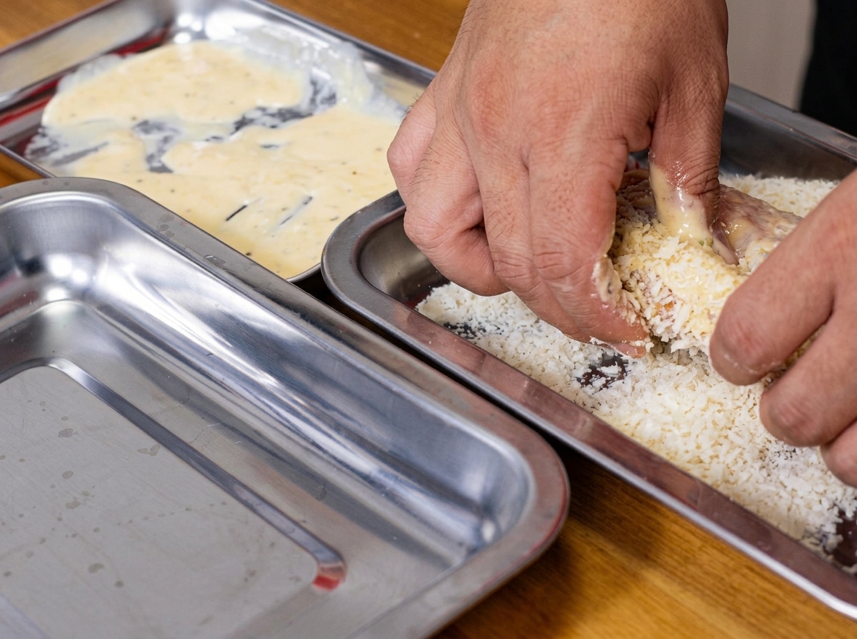 Chicken cutlet being pressed into a tray of panko breadcrumbs for a thorough coating.