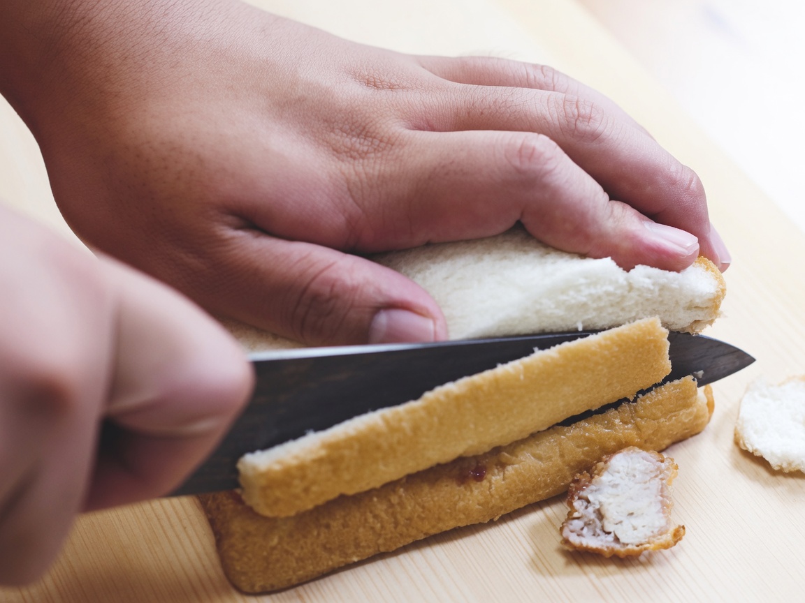 A pair of hands using a chefs knife to cut the crusts off of an assembled chicken sandwich on a wooden cutting board.
