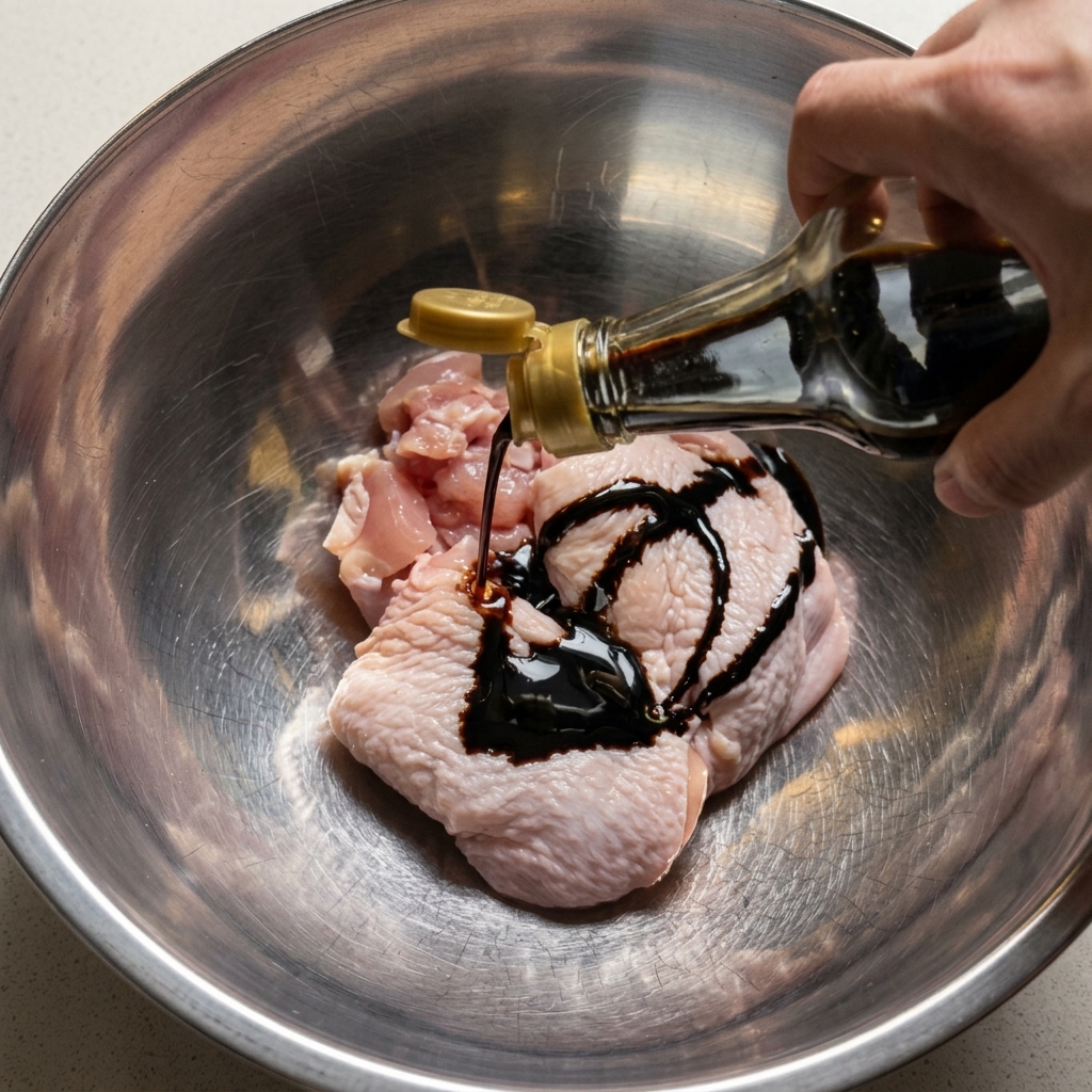 Raw chicken thighs submerged in a dark savory marinade inside a stainless steel mixing bowl.
