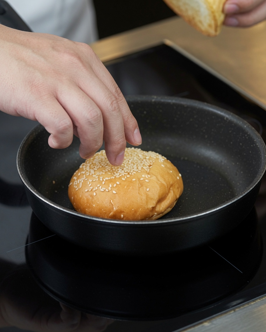 A burger bun toasting in a non-stick frying pan on a black stovetop.