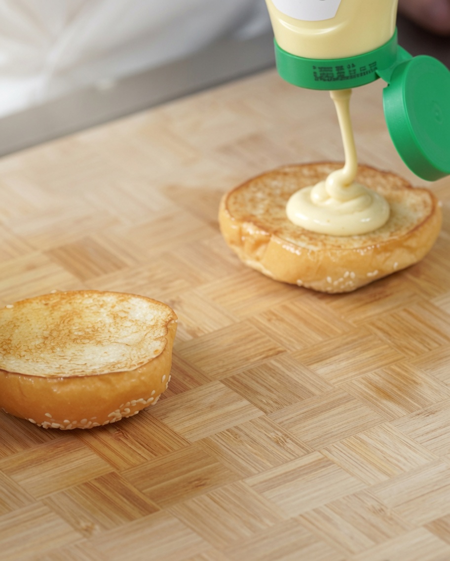 Mayonnaise being squeezed onto a toasted bun, followed by a layer of fresh coleslaw.