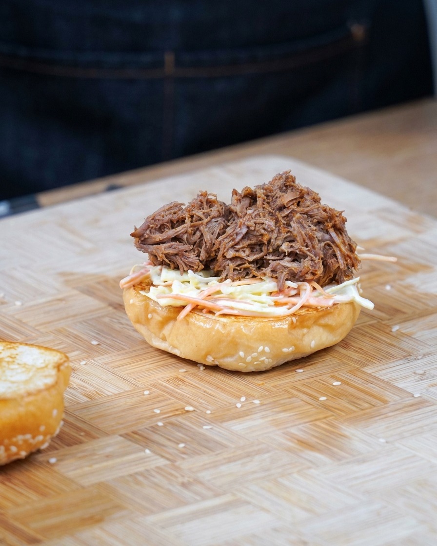 A generous pile of shredded pulled pork being placed on top of the coleslaw-topped bun.