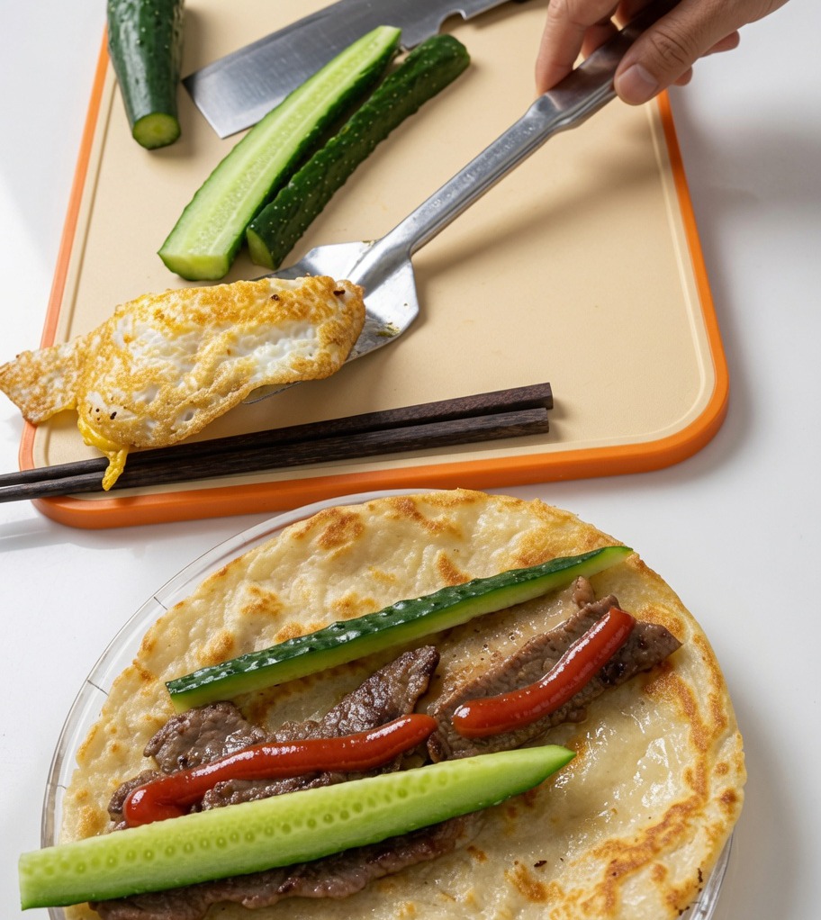 Pork chop on a scallion pancake topped with fried egg, cucumber sticks, and a drizzle of ketchup.
