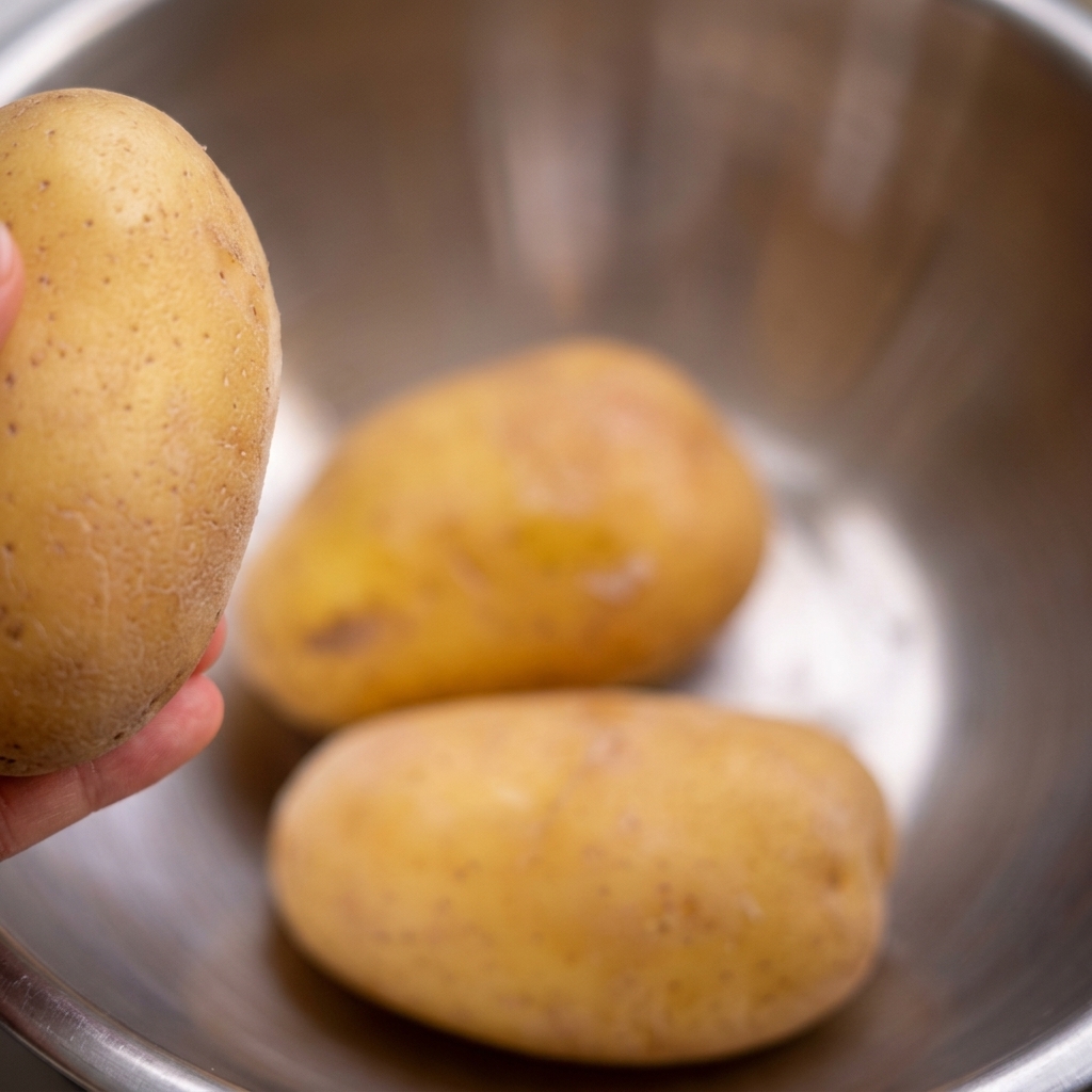 Frozen potatoes sitting in a stainless steel bowl of cold water.