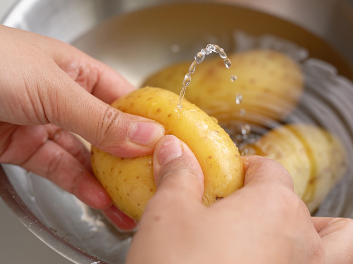 Hands firmly squeezing moisture from a thawed potato over a bowl.