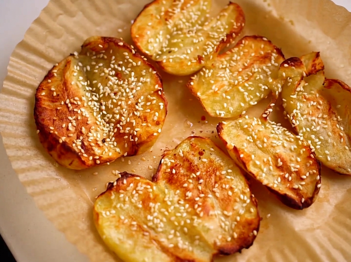 Close-up of chili powder being sprinkled onto golden-brown roasted potatoes.